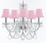 Swarovski Crystal Trimmed Murano Venetian Style Chandelier Crystal Lights Fixture Pendant Ceiling Lamp for Dining Room, Living Room w/Large, Luxe Crystals w/Chrome Sleeves! H25" X W24" w/Pink Shades - A46-B43/PINKSHADES/B94/B89/384/5SW