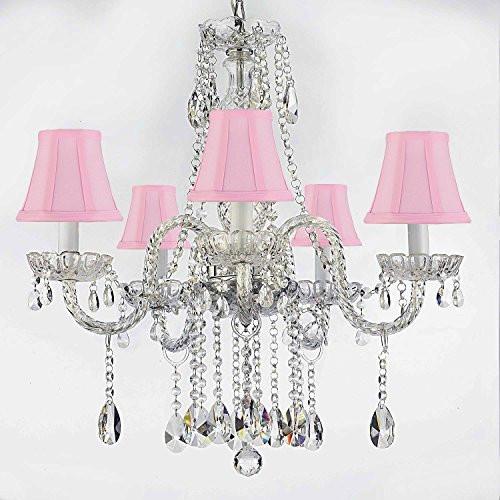 Authentic All Crystal Chandeliers Lighting Empress Crystal (Tm) Chandeliers With Pink Shades H27" X W24" - G46-Pinkshades/B14/384/5