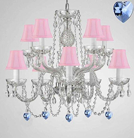 Empress Crystal (Tm) Chandelier Chandeliers Lighting With Blue Color Crystal And Pink Shades Swag Plug In-Chandelier W/ 14' Feet Of Hanging Chain And Wire - G46-B15/B85/Sc/Pinkshades/1122/5+5
