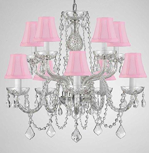Empress Crystal (Tm) Chandelier Lighting With Pink Shades H 25" X W 24" Swag Plug In-Chandelier W/ 14' Feet Of Hanging Chain And Wire - G46-B15/Pinkshades/Cs/1122/5+5