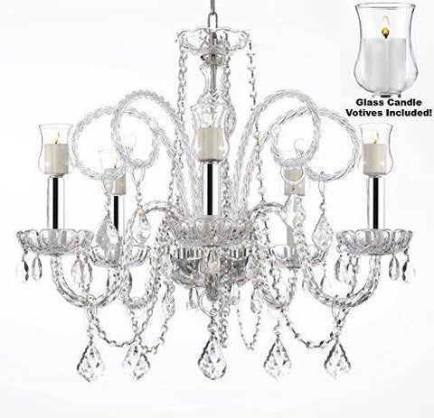 Crystal Chandelier Lighting Chandeliers W/Candle Votives w/Chrome Sleeves H25" x W24"- For Indoor/Outdoor Use! Great for Outdoor Events, Hang from Trees/Gazebo/Pergola/Porch/Patio/Tent ! - A46-B43/B31/385/5
