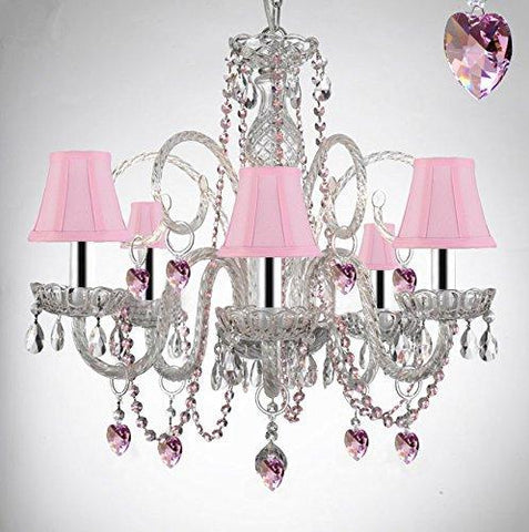 Empress Crystal (Tm) Chandelier Chandeliers Lighting with Pink Color Crystal Hearts and Pink Shades w/Chrome Sleeves! PERFECT FOR KID'S AND GIRLS BEDROOM! - A46-B43/B41/SC/385/5-Pink Shades