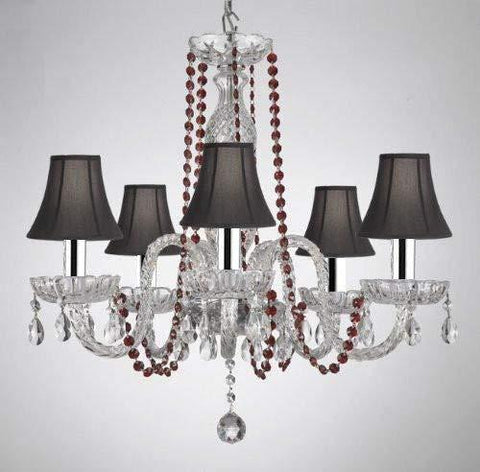 CRYSTAL CHANDELIER CHANDELIERS LIGHTING WITH RED COLOR CRYSTAL & BLACK SHADES! W/CHROME SLEEVES! - A46-B43/REDB1/BLACKSHADES/384/5
