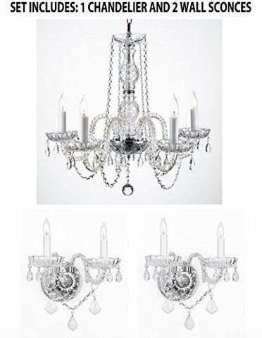 Three Piece Lighting Set - New Authentic All Crystal Murano Venetian Style Empress Crystal Chandelier And 2 Wall Sconces - 1Ea 384/5 + 2Ea 2/386