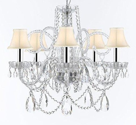 Swarovski Crystal Trimmed Murano Venetian Style Chandelier Crystal Lights Fixture Pendant Ceiling Lamp for Dining Room, Bedroom, W/Large, Luxe Crystals w/Chrome Sleeves! H25" X W24" w/White Shades - A46-B43/WHITESHADES/B93/B89/385/5SW
