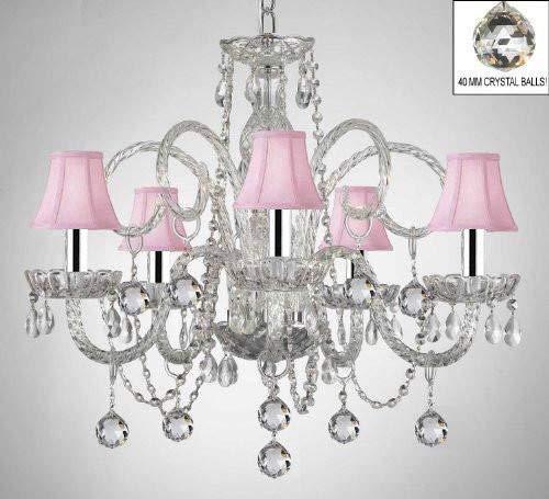 CRYSTAL CHANDELIER WITH PINK SHADES & CRYSTAL BALLS W/CHROME SLEEVES! - A46-B43/B6/PINKSHADES/385/5
