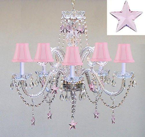 Empress Crystal(Tm) Chandelier Lighting With Pink Crystal Stars H25" X W24" - Nursery Kids Girls Bedrooms Kitchen Etc - Go-A46-Pinkshades/B38/387/5/Pink