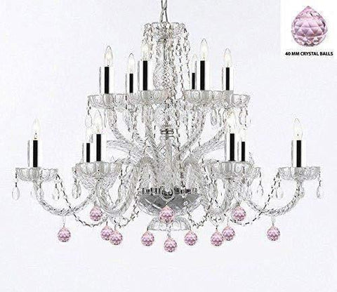 Murano Venetian Style All Empress Crystal (Tm) Chandelier with Pink Crystal Balls w/Chrome Sleeves! - A46-B43/B76/385/6+6
