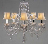 CRYSTAL CHANDELIER CHANDELIERS LIGHTING WITH WHITE SHADES H 25" X W 24" SWAG PLUG IN-CHANDELIER W/14' FEET OF HANGING CHAIN AND WIRE WITH CHROME SLEEVES - A46-B43/B15/SHADES/385/5