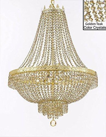 French Empire Crystal Chandelier Lighting - Dressed With Golden Teak Color Crystals Great For A Dining Room Entryway Foyer Living Room H36" X W30" - F93-B78/Cg/870/14