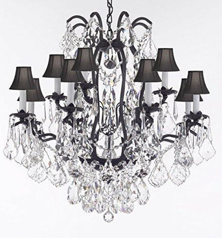 Wrought Iron Crystal Chandelier Lighting Dressed With Diamond Cut Crystal Good For Dining Room Foyer Entryway Family Room Bedroom Living Room And More H 30" W 28" 12 Lights - A83-B91/Blackshades/3034/8+4Dc