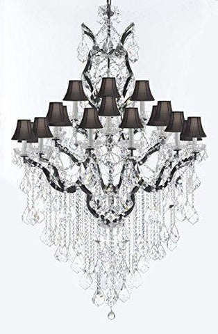 Swarovski Crystal Trimmed 19th C. Baroque Iron & Crystal Chandelier Light H 64" W 41"-Dressed With Large, Luxe Crystals! Good for Dining room, Foyer, Entryway, Living Room, Family Room! w/ Black Shades - G83-B12/B89/996/25SW-BlackShades