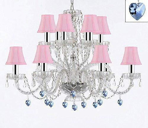 Murano Venetian Style All Empress Crystal (Tm) Chandelier! with Blue Crystals and Shades w/Chrome Sleeves! - A46-B43/B85/SC/Pinkshades/385/6+6