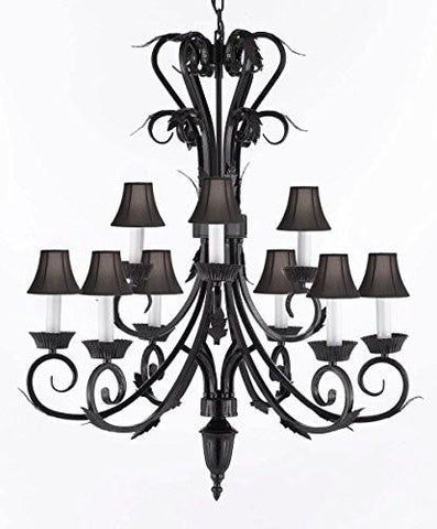 Wrought Iron Chandelier With Black Shades H 30" W 26" 9 Lights - A84-Blackshades/724/6+3