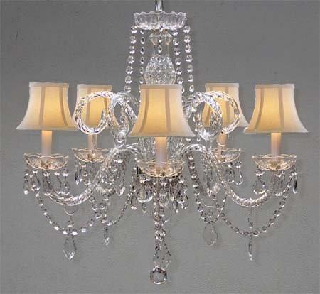 Swarovski Crystal Trimmed Chandelier Crystal Chandelier Lighting With White Shades H 25" X W 24" Swag Plug In-Chandelier W/ 14' Feet Of Hanging Chain And Wire - A46-B15/Shades/385/5 Sw