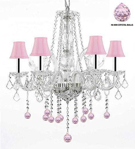 Crystal Chandelier Chandeliers Lighting with Pink Crystal Balls and Pink Shades w/Chrome Sleeves H25" x W24" - G46-B43/PINKSHADES/B76/385/5