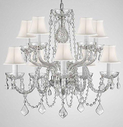 Empress Crystal (Tm) Chandelier Lighting With White Shades H 25" X W 24" Swag Plug In-Chandelier W/ 14' Feet Of Hanging Chain And Wire - G46-B15/Whiteshades/Cs/1122/5+5