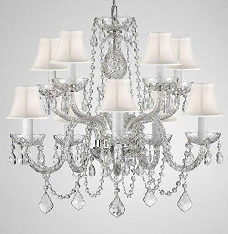 Empress Crystal (Tm) Chandelier Lighting With White Shades H 25" X W 24" Swag Plug In-Chandelier W/ 14' Feet Of Hanging Chain And Wire - G46-B15/Whiteshades/Cs/1122/5+5