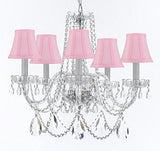 Swarovski Crystal Trimmed Murano Venetian Style Chandelier Crystal Lights Fixture Pendant Ceiling Lamp for Dining Room, Entryway , Living Room w/Large, Luxe Crystals! H25" X W24" w/ Pink Shades - A46-PINKSHADES/B93/B89/384/5SW