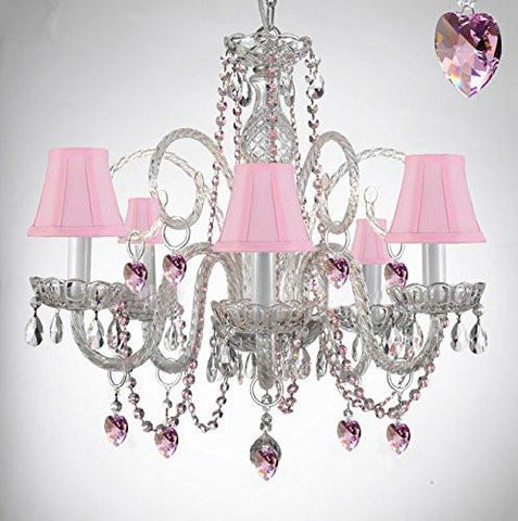 Empress Crystal (Tm) Chandelier Lighting With Pink Color Crystal And Pink Shades Swag Plug In-Chandelier W/ 14' Feet Of Hanging Chain And Wire - A46-B15/B41/Sc/385/5-Pink Shades