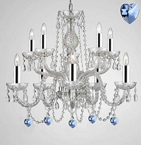 Empress Crystal (Tm) Chandelier Lighting with Blue Color Crystal w/Chrome Sleeves! Swag Plug in-Chandelier W/ 14' Feet of Hanging Chain and Wire! - G46-B43/B15/B85/1122/5+5