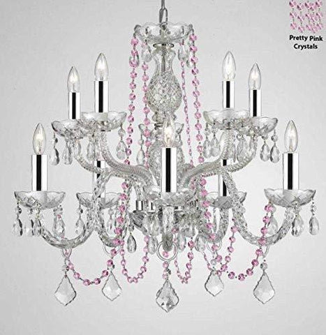 Authentic All Crystal Chandelier Chandeliers Lighting with Pretty Pink Crystals! Perfect for Living Room, Dining Room, Kitchen, Kid'S Bedroom W/Chrome Sleeves! H25" W24" - G46-B43/B84/CS/1122/5+5