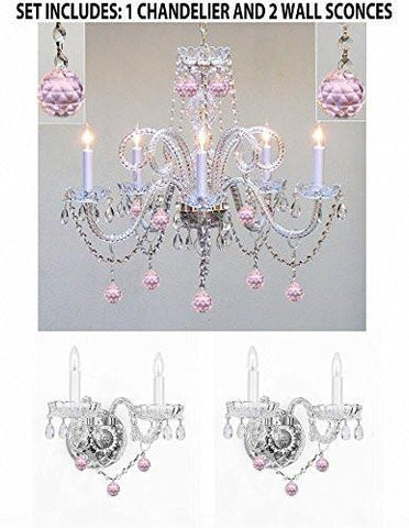 Three Piece Lighting Set - Crystal Chandelier And 2 Wall Sconces W/ Pink Crystal Balls - B76/387/5+2Ea B76/2/386