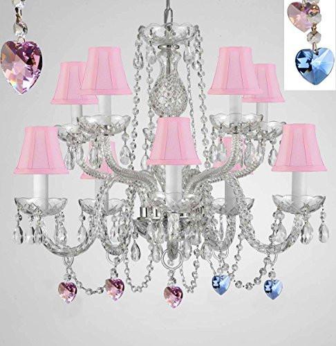Empress Crystal (Tm) Chandelier Chandeliers Lighting With Blue And Pink Color Crystal And Pink Shades Swag Plug In-Chandelier W/ 14' Feet Of Hanging Chain And Wire - G46-B15/B85/B21/Sc/Pinkshades/1122/5+5