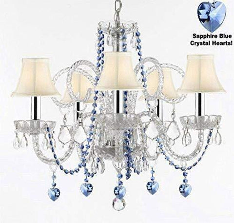 Authentic All Crystal Chandelier Chandeliers Lighting with Sapphire Blue Crystal Hearts and White Shades! Perfect for Living Room, Dining Room, Kitchen, Kid's Bedroom w/Chrome Sleeves! H25" W24" - A46-B43/B85/B82/SC/WHITESHADES/385/5