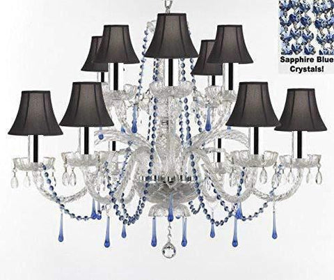 AUTHENTIC ALL CRYSTAL CHANDELIER CHANDELIERS LIGHTING WITH SAPPHIRE BLUE CRYSTALS AND BLACK SHADES! PERFECT FOR LIVING ROOM, DINING ROOM, KITCHEN W/CHROME SLEEVES! H32" W27" - A46-B43/B82/BLACKSHADES/387/6+6