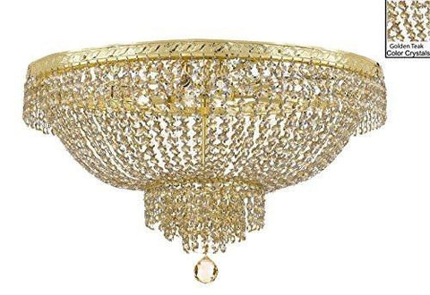 French Empire Semi Flush Crystal Chandelier Lighting - Dressed With Golden Teak Color Crystals H21" X W30" - F93-B78/Flush/Cg/870/14