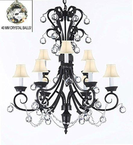 Foyer / Entryway Wrought Iron Empress Crystal (Tm) Chandelier 30" Inches Tall With Crystal Balls With White Shades H 30" X W 26" - A84-Whiteshades/B6/724/6+3