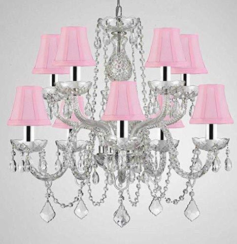 Crystal Chandelier Chandeliers Lighting with Pink Shades W/Chrome Sleeves H 25" X W 24" - G46-B43/PINKSHADES/CS/1122/5+5