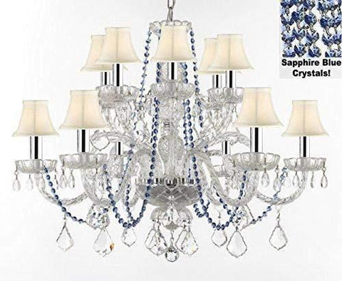 AUTHENTIC ALL CRYSTAL CHANDELIER CHANDELIERS LIGHTING WITH SAPPHIRE BLUE CRYSTALS AND WHITE SHADES! PERFECT FOR LIVING ROOM, DINING ROOM, KITCHEN W/CHROME SLEEVES! H32" W27" - F46-B43/B82/WHITESHADES/385/6+6