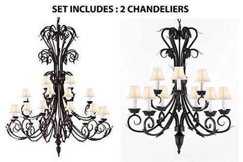 Set Of 2 - 1-Wrought Iron Chandelier 50" Inches Tall With White Shades H50" X W30" And 1-Wrought Iron Chandelier With White Shades H 30" W 26" 9 Lights - 1Ea-Sc/724/24+1Ea-Sc/724/6+3-Whtshd