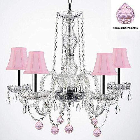 Authentic Empress Crystal(TM) Chandelier Lighting Chandeliers with Pink Crystal Balls and Pink Shades W/Chrome Sleeves! H25" X W24" - G46-B43/PINKSHADES/B76/384/5