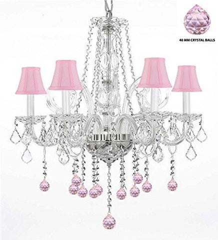 Crystal Chandelier Chandeliers Lighting With Pink Crystal Balls And Pink Shades H25" X W24" - G46-Pinkshades/B76/385/5