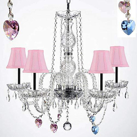 Authentic Empress Crystal Chandelier Lighting Chandeliers with Blue and Pink Crystal Hearts and Pink Shades w/Chrome Sleeves H25" X W24" - G46-B43/PINKSHADES/B85/B21/384/5