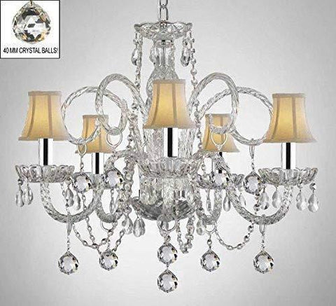 Swarovski Crystal Trimmed Chandelier! Crystal Chandelier With White Shades & Crystal Balls w/Chrome Sleeves! - A46-B43/B6/WHITESHADES/385/5 SW