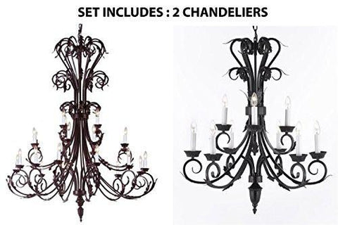 Set Of 2 - 1-Large Foyer / Entryway Wrought Iron Chandelier 50" Inches Tall H50" X W30" And 1-Wrought Iron Chandelier H 30" W 26" 9 Lights - 1Ea-724/24 + 1Ea-724/6+3