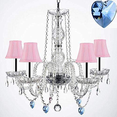 Authentic Empress Crystal(TM) Chandelier Lighting Chandeliers with Blue Crystal Hearts and Pink Shades W/Chrome Sleeves H25" X W24" - G46-B43/PINKSHADES/B85/384/5
