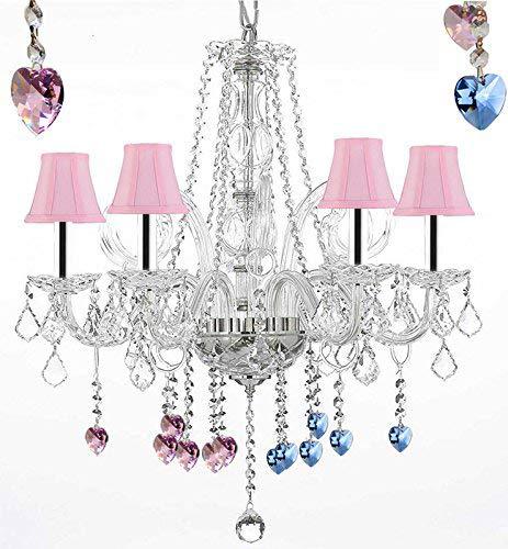 Crystal Chandelier Chandeliers Lighting with Blue and Pink Crystal Hearts and Pink Shades w/Chrome Sleeves H25" x W24" - G46-B43/PINKSHADES/B85/B21/385/5