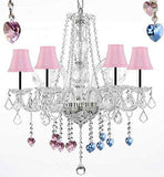 Crystal Chandelier Chandeliers Lighting with Blue and Pink Crystal Hearts and Pink Shades w/Chrome Sleeves H25" x W24" - G46-B43/PINKSHADES/B85/B21/385/5