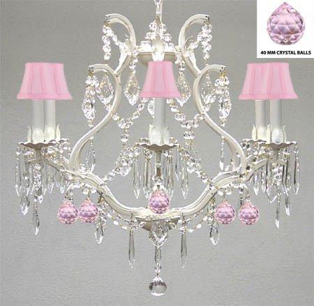 Wrought Iron & Crystal Chandelier Authentic Empress Crystal(Tm) Chandelier Lighting Chandeliers With Pink Balls Nursery Kids Girls Bedrooms Kitchen Etc. With Pink Shades - A83-Pinkshades/White/B76/3530/6