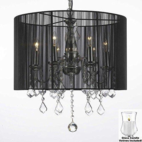 Crystal Chandelier With Large Black Shade And Votive Candles H 19.5" X W 18.5" - For Indoor / Outdoor Use Great For Outdoor Events Hang From Trees / Gazebo / Pergola / Porch/Patio/Tent - J10-B31/1124/6