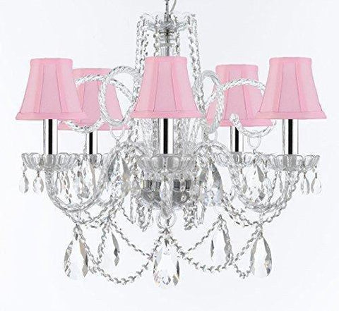 Murano Venetian Style Chandelier Crystal Lights Fixture Pendant Ceiling Lamp for Dining Room, Living Room with Large, Luxe, Diamond Cut Crystals w/Chrome Sleeves! H25" X W24" w/Pink Shades - A46-B43/CS/PINKSHADES/B93/B89/385/5DC