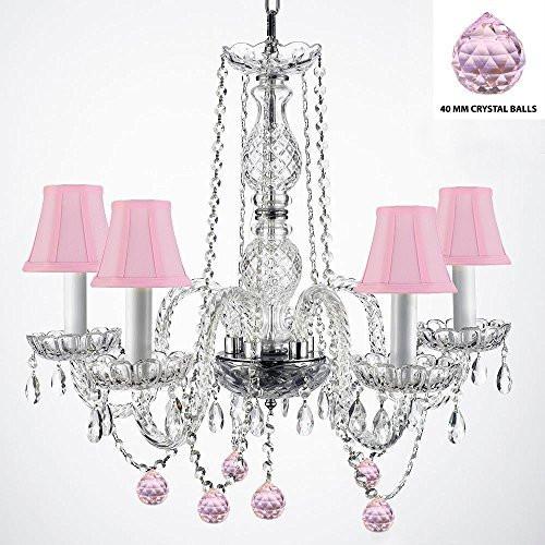 Authentic Empress Crystal(Tm) Chandelier Lighting Chandeliers With Pink Crystal Balls And Pink Shades H25" X W24" - G46-Pinkshades/B76/384/5