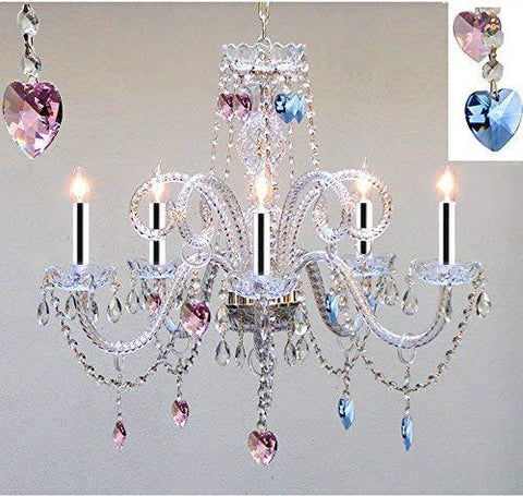 Chandelier Lighting Dressed with Blue and Pink Empress Crystal (Tm) Hearts H25" X W24" Chandelier Lighting w/Chrome Sleeves! - GO-B43/A46-HEARTS/B85/B21/387/5/PINK