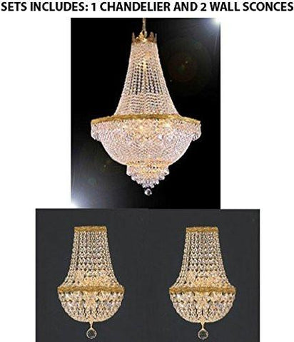 Set Of 3 - 1 French Empire Crystal Chandelier Lighting - Great For The Dining Room Foyer Living Room H50" X W30" And 2 Empire Crystal Wall Sconce Crystal Lighting W9.5" H18" D5" - 1Ea 870/14Large+2Ea Wallsconce/Cg/4/5