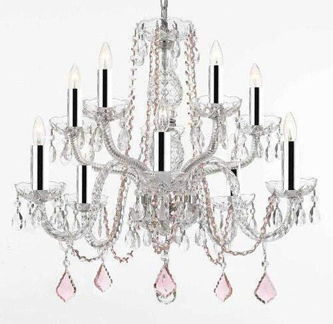 CRYSTAL CHANDELIER CHANDELIERS LIGHTING WITH PINK COLOR CRYSTAL W/CHROME SLEEVES! - A46-B43/B2/CS/1122/5+5
